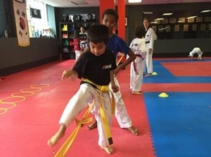 Young martial arts students practicing high kicks over obstacles during a youth training session to improve core stability.