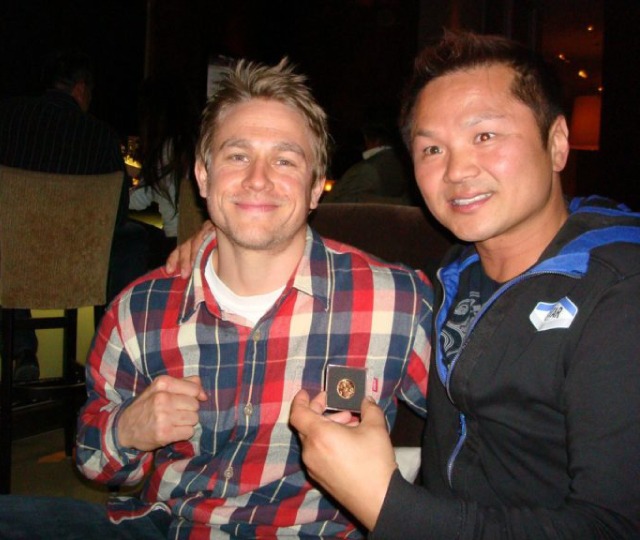 Our Master Instructor posing with a professional movie stuntman during an exclusive action industry social in Burlington.
